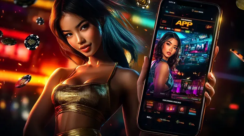 A glamorous woman holds up a smartphone to showcase the official 999bd app. The screen displays the app's user-friendly interface, set against a vibrant, neon casino background.