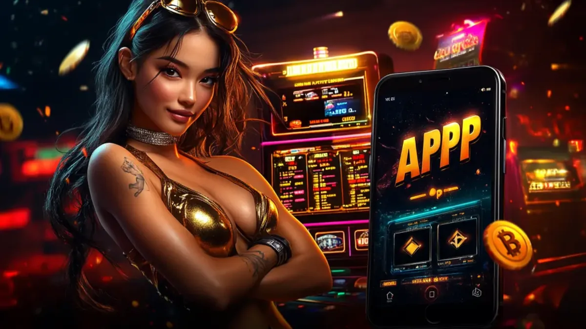 A stylish woman in a gold top stands next to a smartphone promoting the 999bd app for crypto gaming. The phone screen and a floating Bitcoin symbol highlight the app's features.