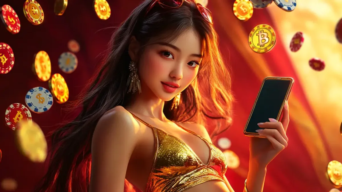An attractive woman in a gold outfit holds a smartphone in a vibrant casino setting. Floating Bitcoin symbols and poker chips promote the exciting mobile crypto gaming on 999bd.