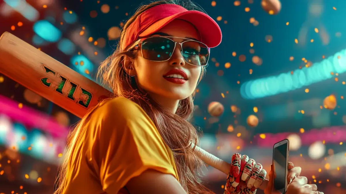 A stylish woman in a red cap and sunglasses holds a baseball bat and a smartphone, promoting mobile sports betting with 999bd. The background is a lively, blurred stadium with sparks.