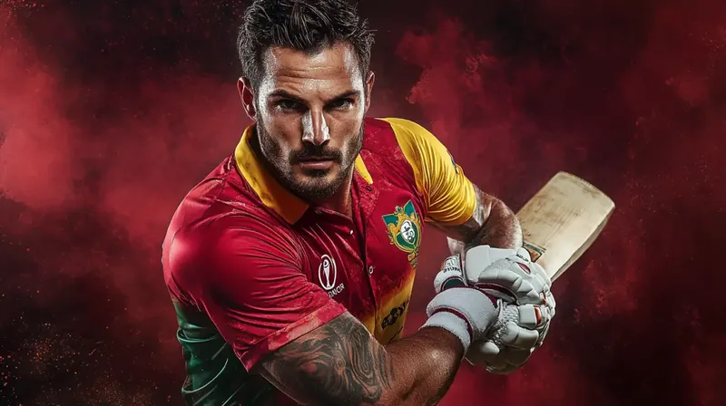 A powerful, tattooed cricket batsman in a red and yellow jersey is ready to strike, featured in a dynamic promotion for cricket betting on 999bd. The background is a dramatic red haze.