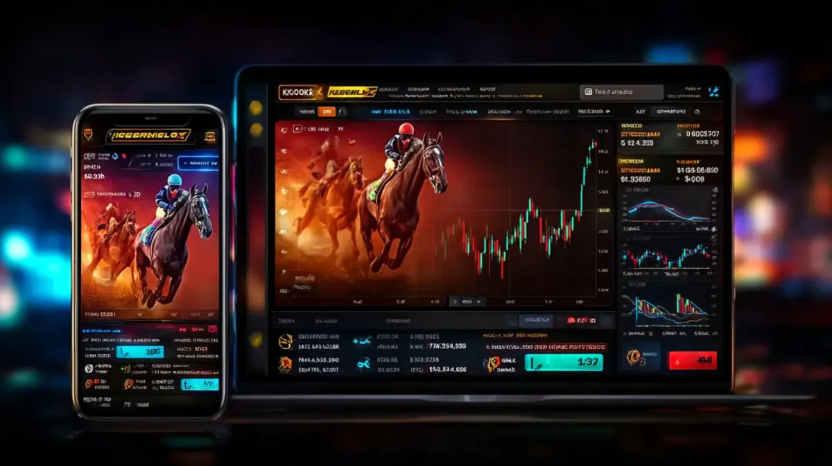 A showcase of the advanced 999bd horse racing betting platform on a laptop and smartphone. Both devices display live races and detailed betting charts against a night city background.