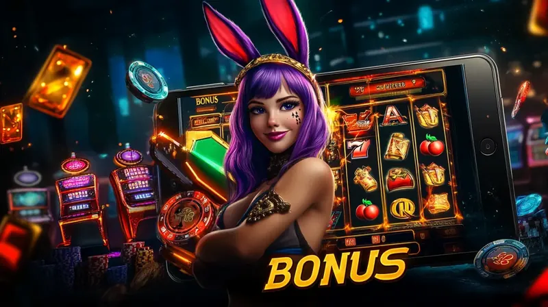 A vibrant banner for a casino bonus at 999bd. A woman with purple hair and bunny ears stands with her arms crossed next to a tablet showing a slot game, with BONUS written below.