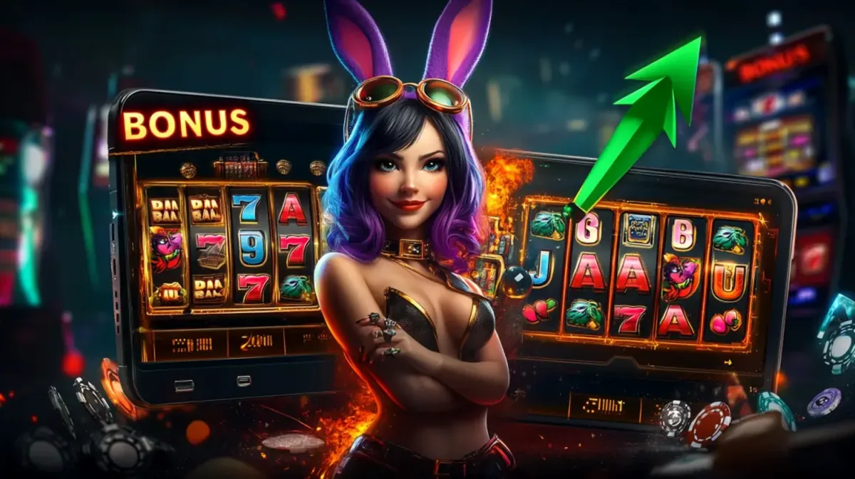An exciting bonus promotion from 999bd. A stylish woman with bunny ears and sunglasses stands in front of a tablet displaying a BONUS and a slot game, with a green arrow indicating growth.