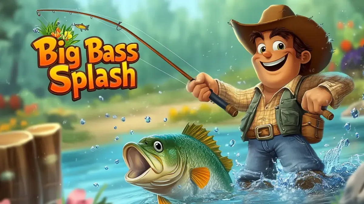 An exciting promo for the Big Bass Splash slot game at 999bd. A happy cartoon fisherman in a cowboy hat reels in a large bass fish from a river.