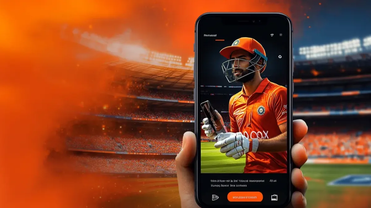 A hand holds a smartphone showcasing the 999bd cricket betting app. The screen displays a cricket player in an orange uniform, with a packed stadium in the background.