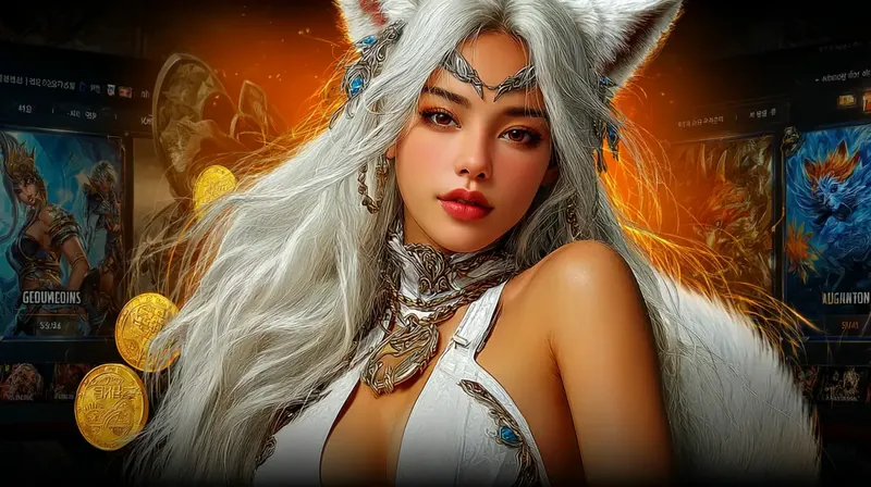 Promotional art for 999bd featuring a stunning fantasy character, a fox like woman with long white hair and a tiara, against a game interface background with gold coins.