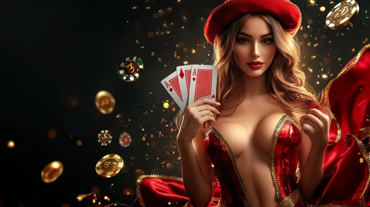 A glamorous woman in a red hat and revealing outfit holds a winning hand of aces, promoting the exciting card games available at 999bd. Gold coins and chips float in the background.
