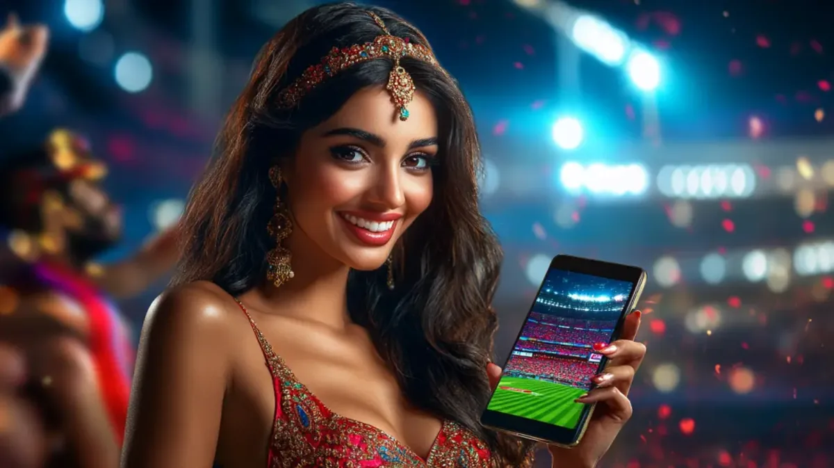 A smiling Indian woman in beautiful traditional attire holds up a smartphone displaying a sports field, promoting the exciting mobile betting experience on 999bd at a live event.