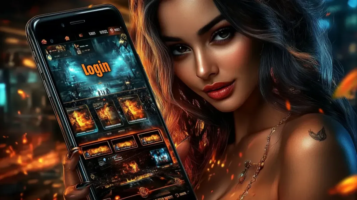 A beautiful woman presents a smartphone displaying the 999bd game lobby and a clear Login button, offering easy access to the platform's variety of action-packed games.