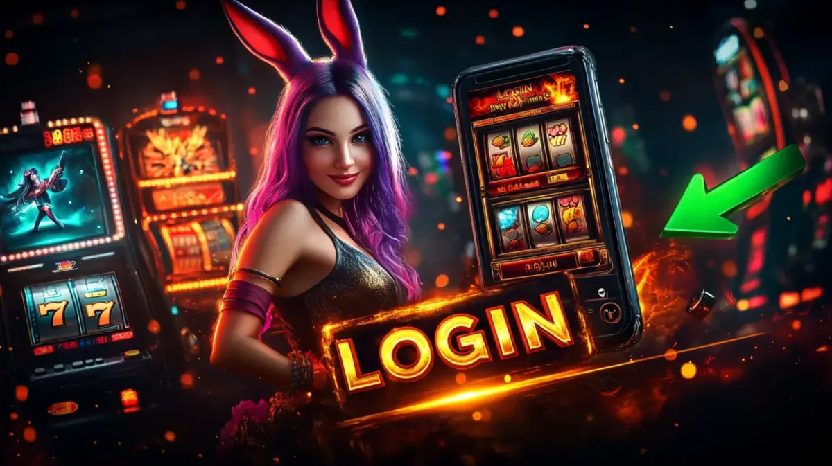An exciting promo for 999bd featuring a woman with purple bunny ears next to a phone showing a slot game. A large, fiery LOGIN sign and a green arrow point to the mobile app.