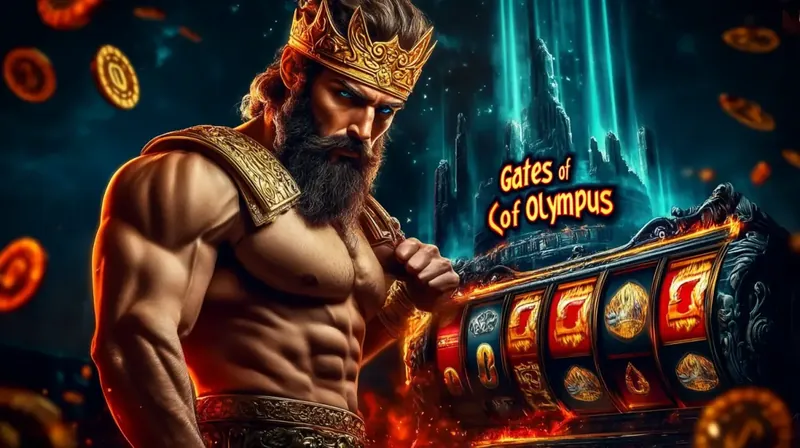 A powerful depiction of Zeus from Gates of Olympus, available at 999bd. The muscular god stands next to a glowing slot machine, with a celestial city in the background.
