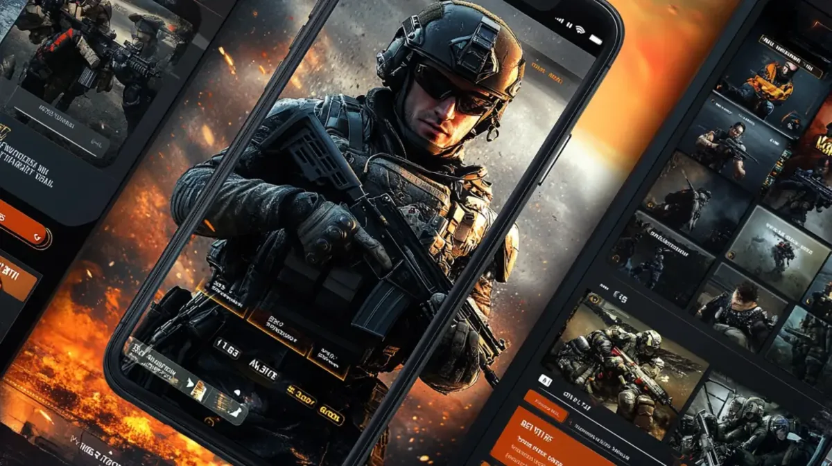 A close-up of a smartphone displaying the 999bd mobile app for a tactical shooter game. A soldier in full combat gear is featured, with other game screens visible in the background.